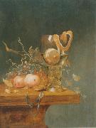 unknow artist Stilleben mit verschiedenen Fruchten, einem groben Romerglas und einer Uhr auf einer Tischkante oil painting picture wholesale